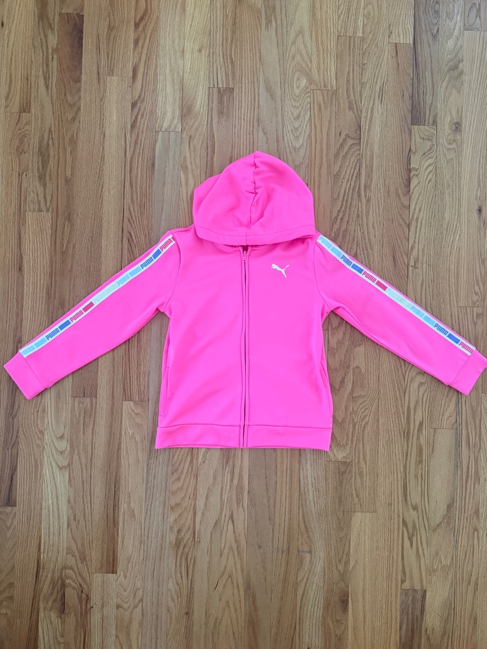 PUMA Girls Pink Logo Tape Sleeves Full-Zip Hoodie Jacket,